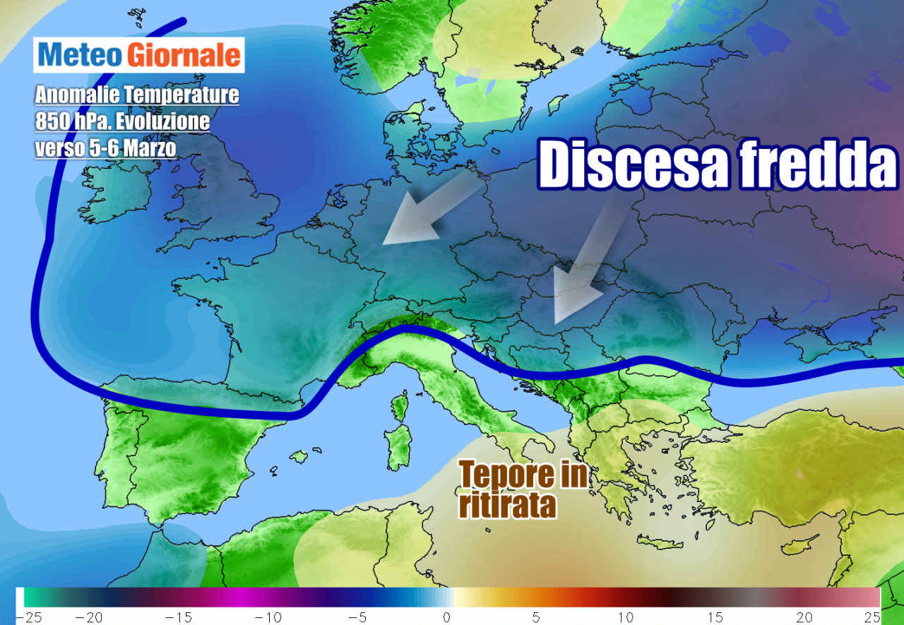 Evoluzione meteo attesa tra giovedì e venerdì, con l'approssimarsi d'aria più fredda verso l'Italia