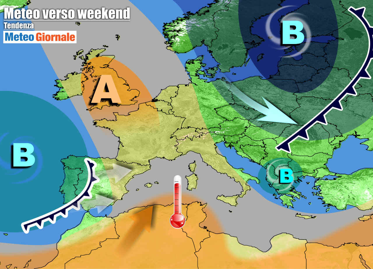 Weekend con rinforzo dell'anticiclone temporaneo verso l'Italia